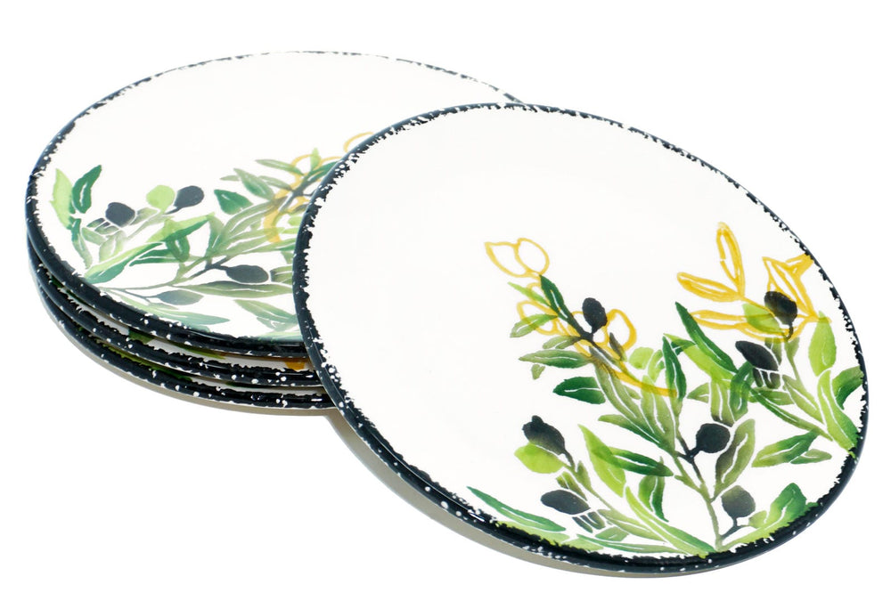 4x Mittelteller grün weiß, mittelgroße Tellerset Keramik Oliven 19 cm Ø
