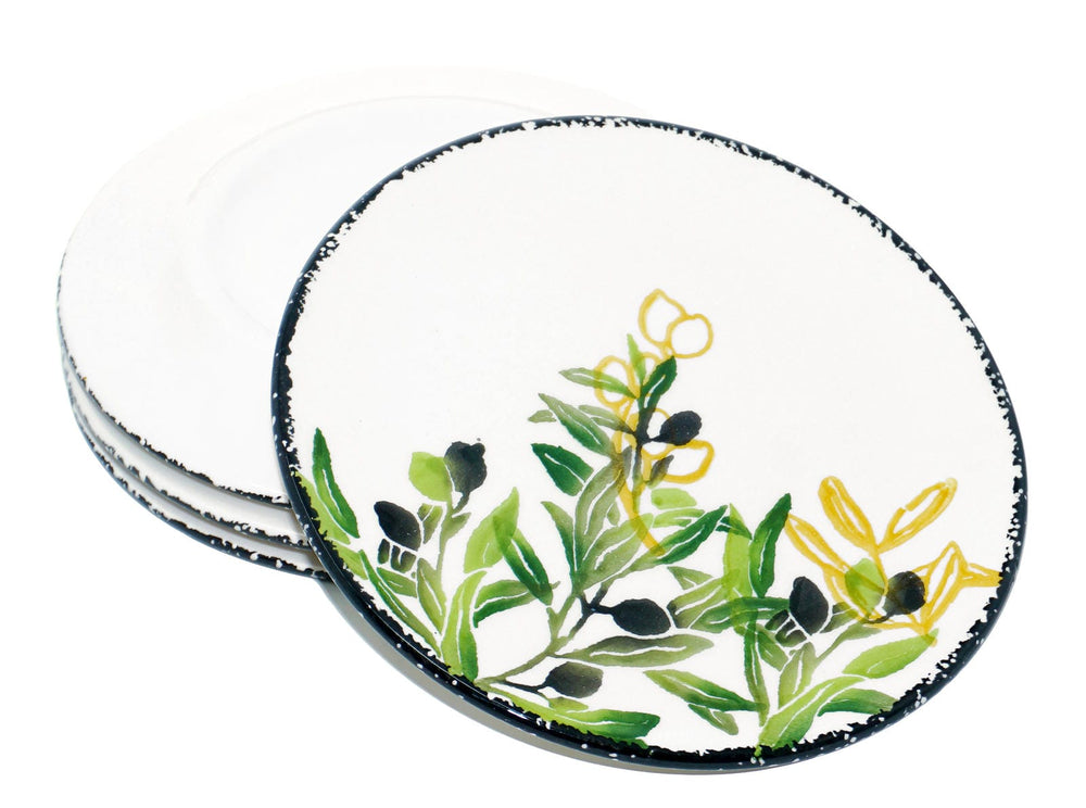 4x Mittelteller grün weiß, mittelgroße Tellerset Keramik Oliven 19 cm Ø