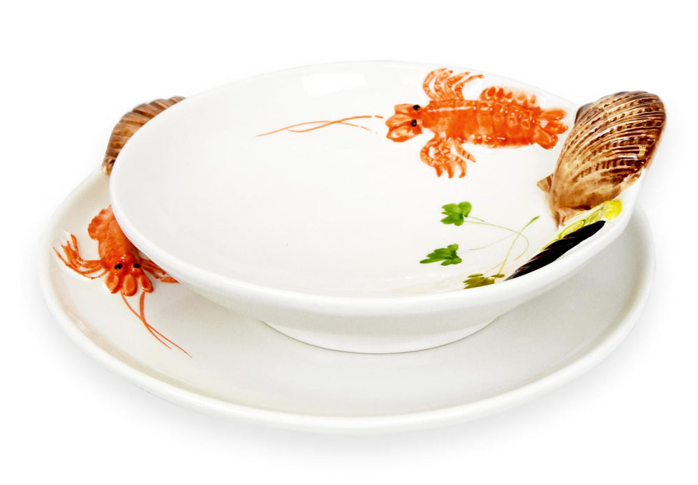 2er Fisch Geschirrset, Runder Platzteller 25 cm und Suppenteller 22 cm, Handgemachte Keramikteller aus Italien