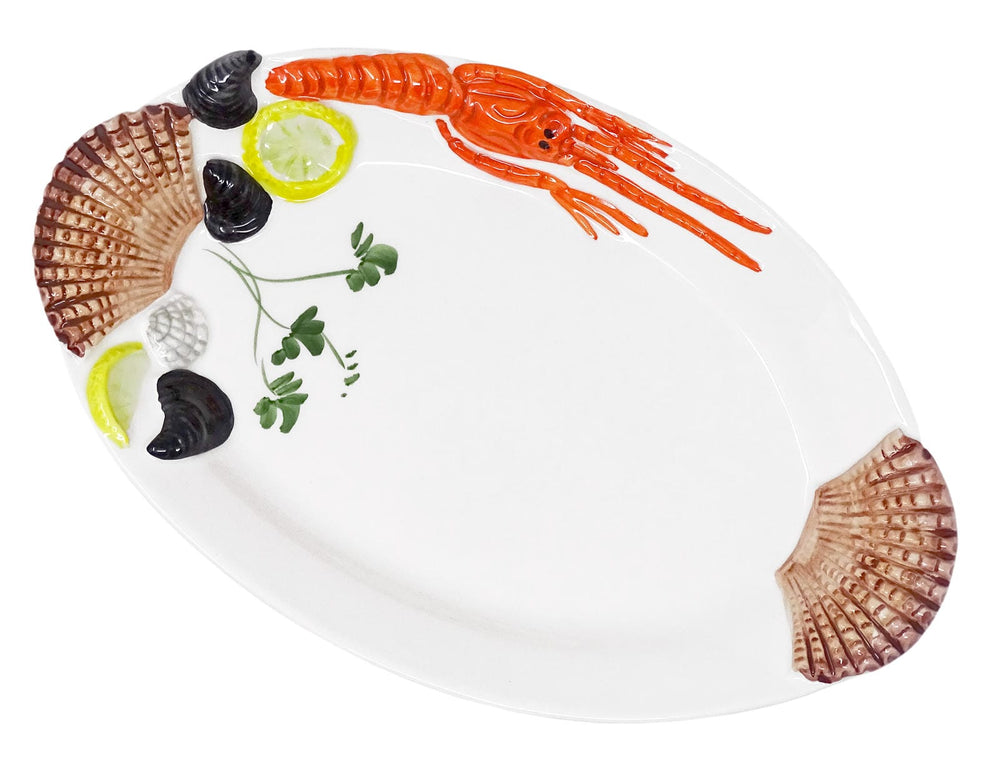 Handgemachte, Ovale Servierplatte aus Italienischer Keramik, Fischteller im Meeresfrüchtedesign, Servierteller 32x20 cm