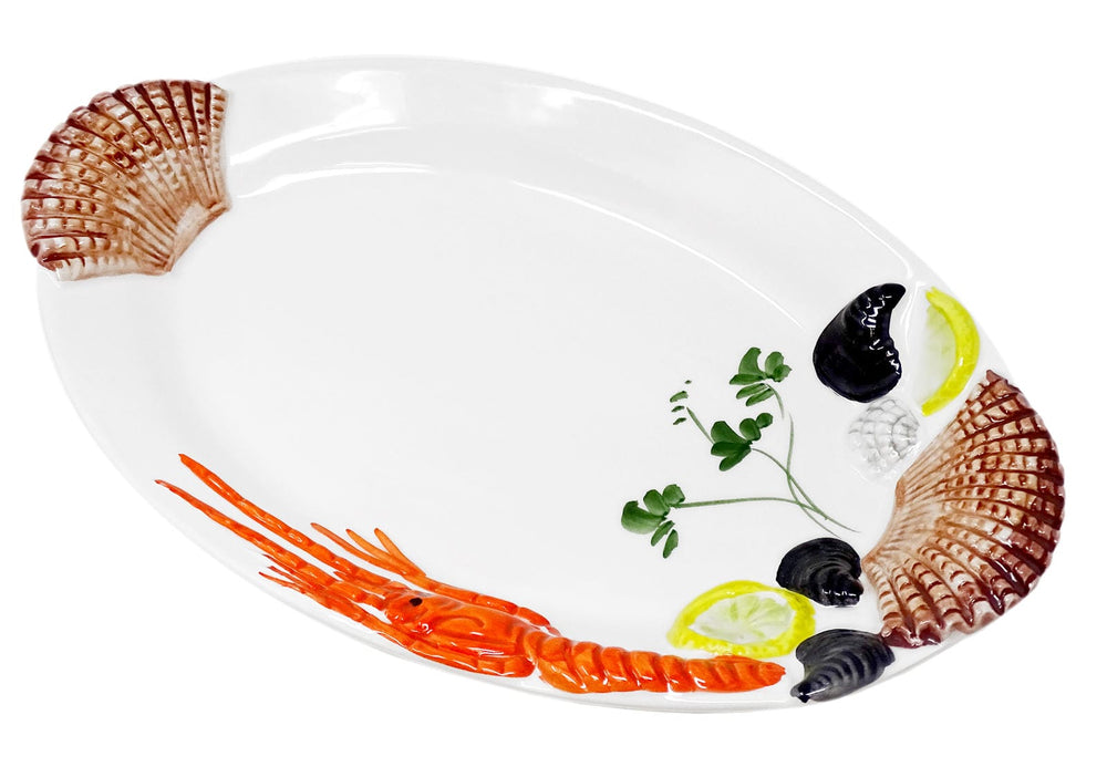 Handgemachte, Ovale Servierplatte aus Italienischer Keramik, Fischteller im Meeresfrüchtedesign, Servierteller 32x20 cm