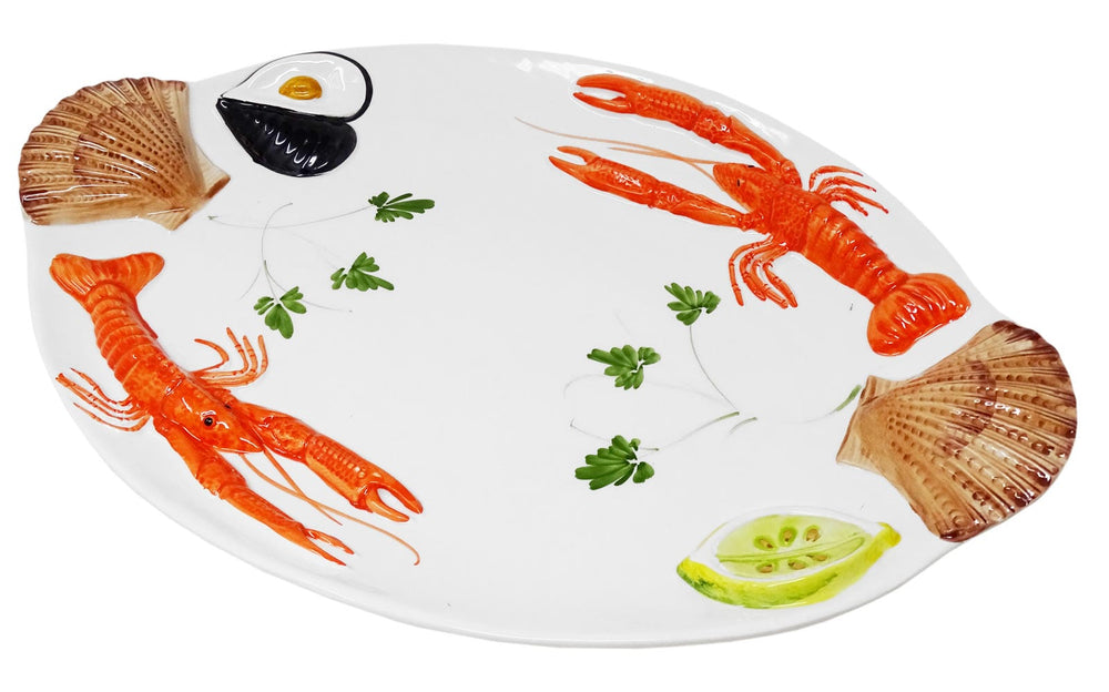 Handgemachte Ovale Servierplatte aus Italienischer Keramik im Meeresfrüchtedesign, Großer Servierteller 50x32 cm