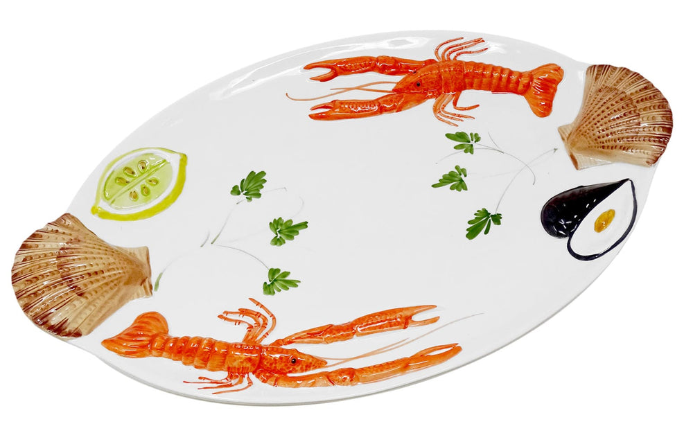 Handgemachte Ovale Servierplatte aus Italienischer Keramik im Meeresfrüchtedesign, Großer Servierteller 50x32 cm