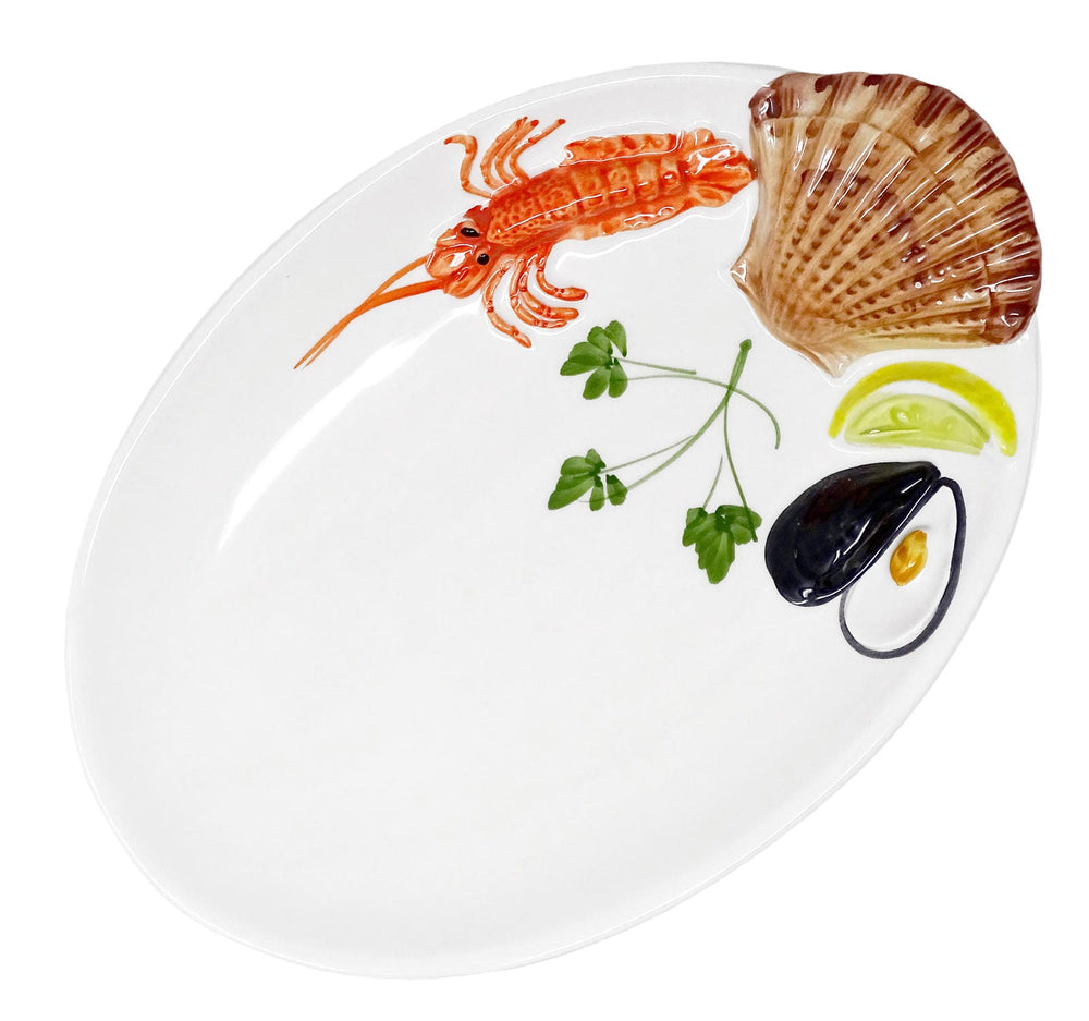 Handgemachte Ovale Servierplatte aus Italienischer Keramik im Meeresfrüchte Design, Servierteller 26x18 cm