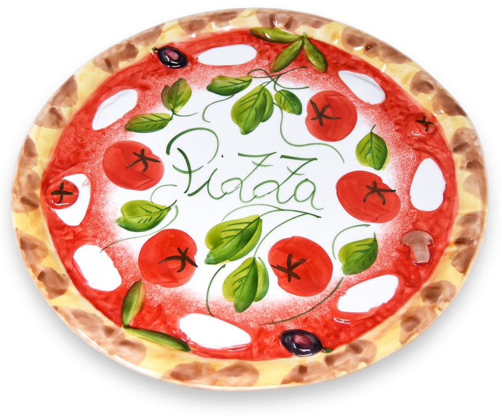 Handgemachter Pizzateller Tomate Mozzarella aus Italienischer Keramik, Großer Teller Rund 33 cm