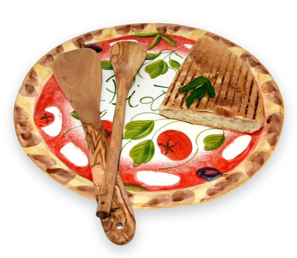 Handgemachter Pizzateller Tomate Mozzarella aus Italienischer Keramik, Großer Teller Rund 33 cm