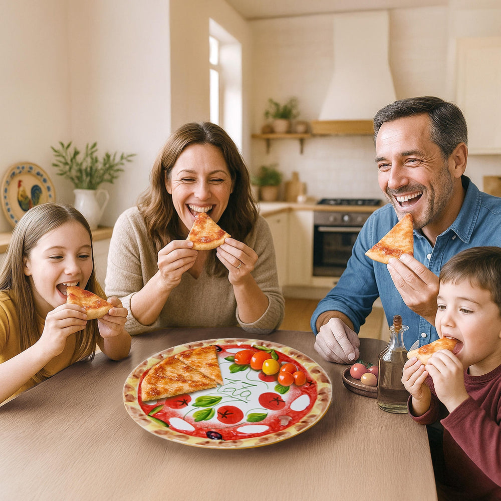 Handgemachter Pizzateller Tomate Mozzarella aus Italienischer Keramik, Großer Teller Rund 33 cm