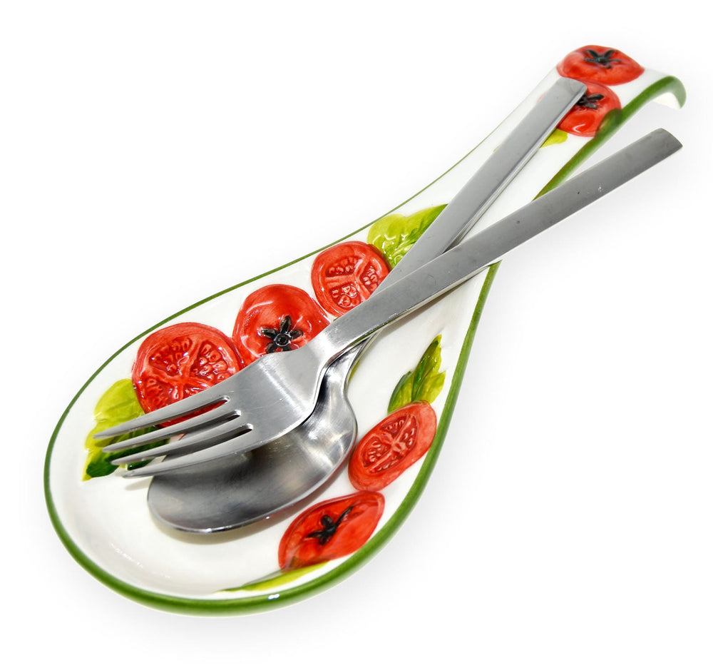 Handgemachte Löffelablage aus Italienischer Keramik, Reliefdekor im Tomaten Design