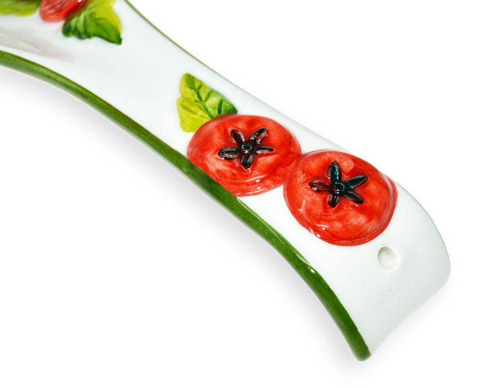 Handgemachte Löffelablage aus Italienischer Keramik, Reliefdekor im Tomaten Design