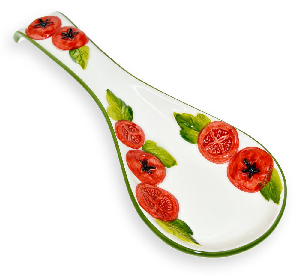 Handgemachte Löffelablage aus Italienischer Keramik, Reliefdekor im Tomaten Design