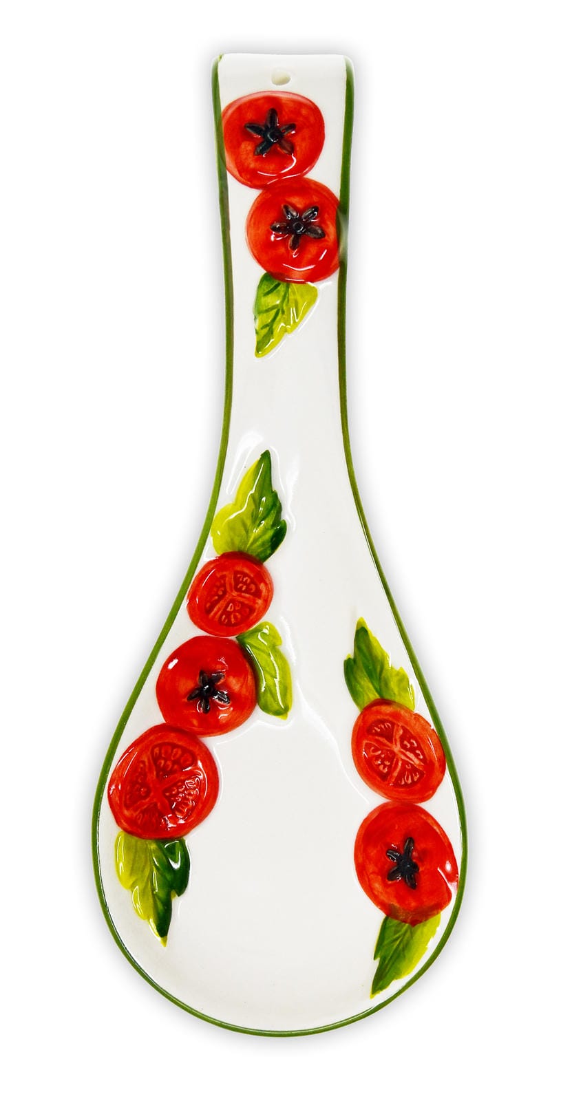 Handgemachte Löffelablage aus Italienischer Keramik, Reliefdekor im Tomaten Design
