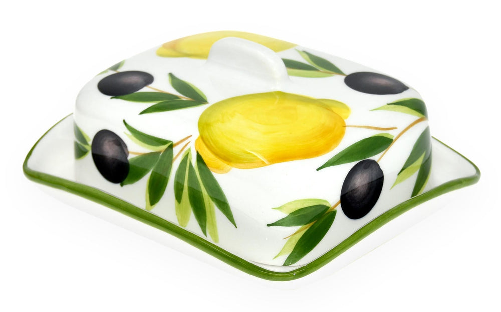 Handgemachte Butterdose aus Italienischer Keramik bemalt Zitronen - Olive  Größe 18x14 cm