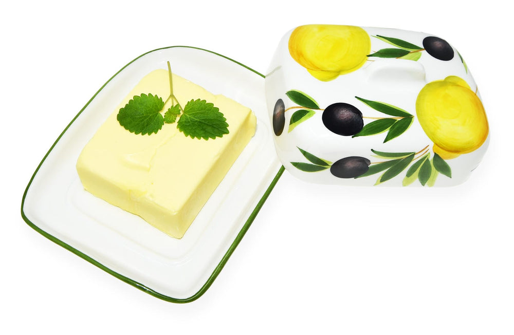 Handgemachte Butterdose aus Italienischer Keramik bemalt Zitronen - Olive  Größe 18x14 cm