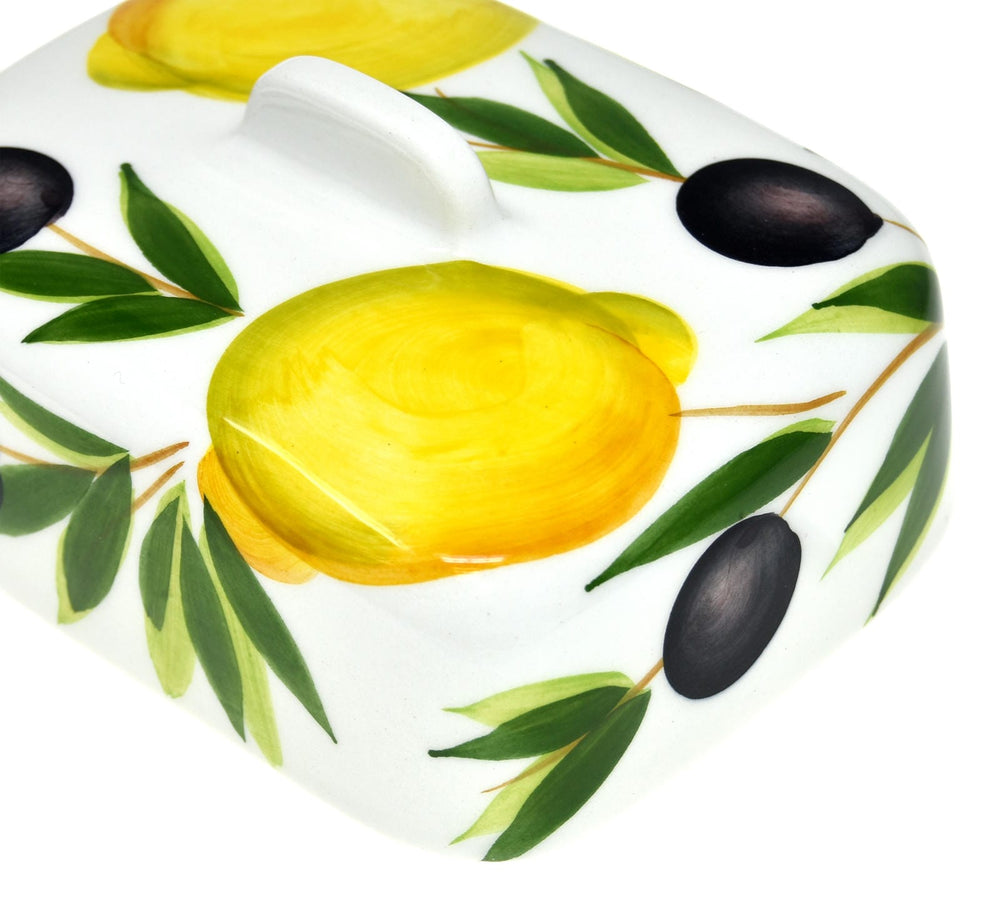 Handgemachte Butterdose aus Italienischer Keramik bemalt Zitronen - Olive  Größe 18x14 cm