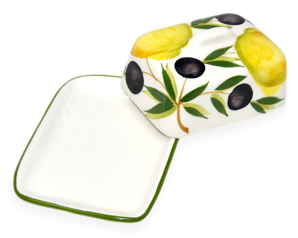 Handgemachte Butterdose aus Italienischer Keramik bemalt Zitronen - Olive  Größe 12x9 cm