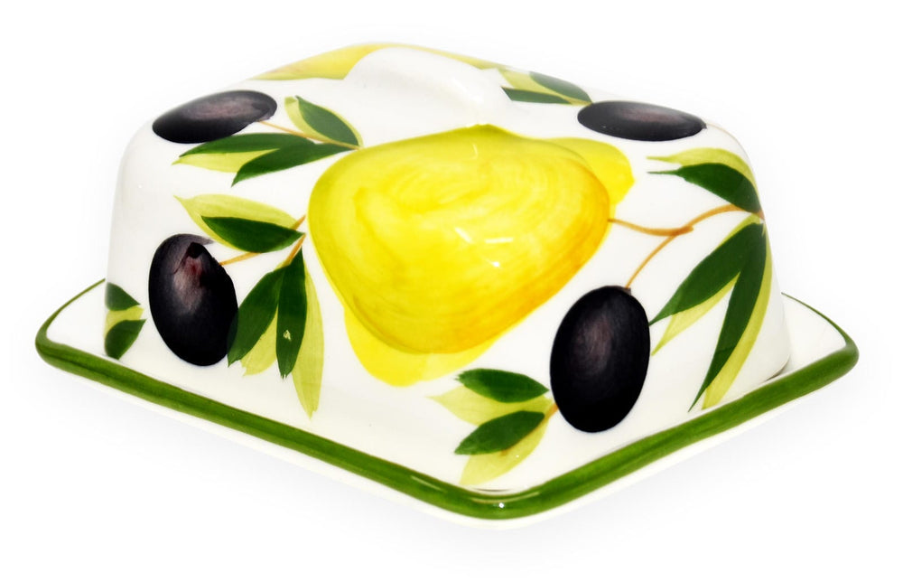 Handgemachte Butterdose aus Italienischer Keramik bemalt Zitronen - Olive  Größe 12x9 cm