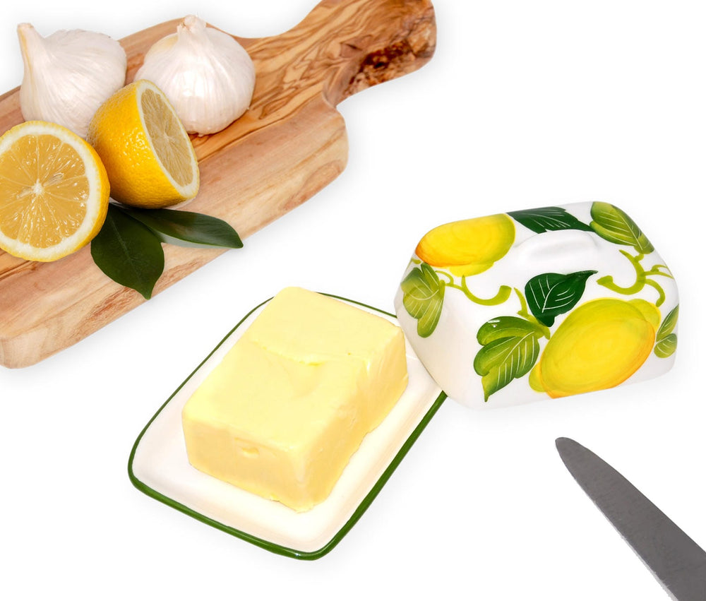 Handgemachte Butterdose aus Italienischer Keramik bemalt Zitronen - Olive  Größe 12x9 cm