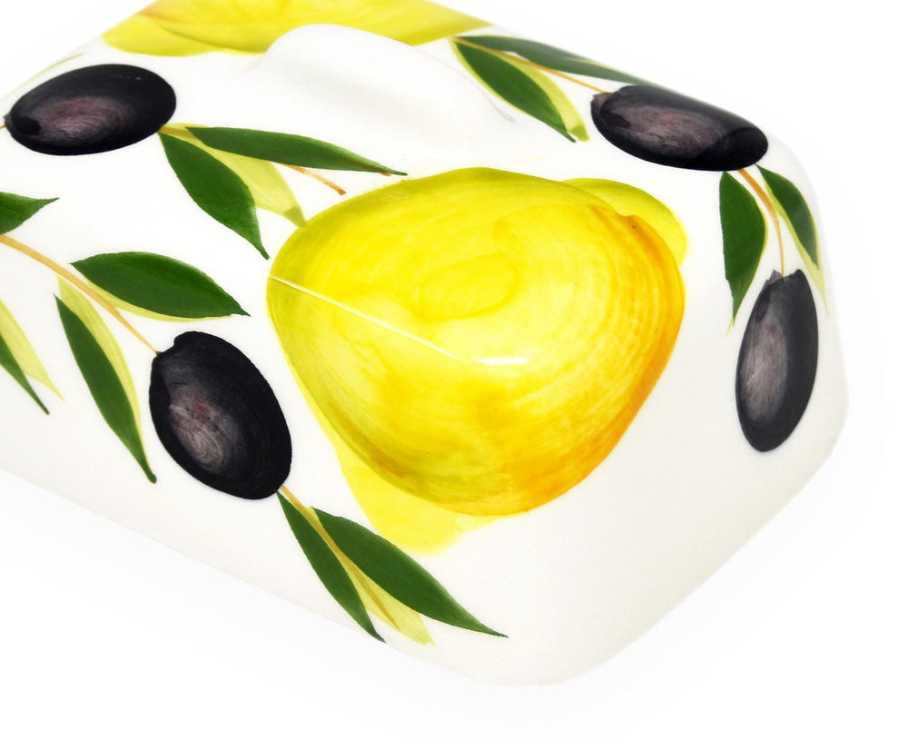 Handgemachte Butterdose aus Italienischer Keramik bemalt Zitronen - Olive  Größe 12x9 cm