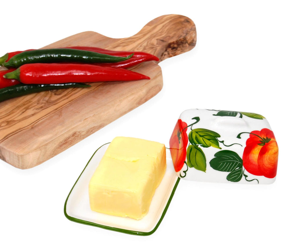 Handgemachte Butterdose aus Italienischer Keramik Tomate bemalt Größe 12x9 cm