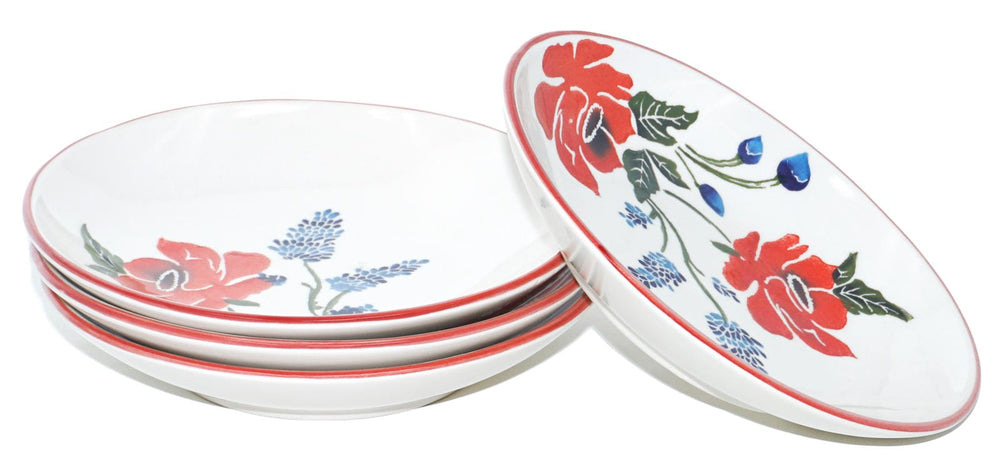 Tiefteller für Suppe 19 cm Ø, 4er Teller Set bunt Mohnblume, runde Pastateller Keramik