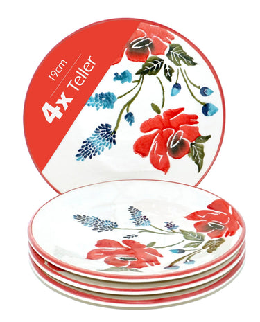 Essteller 4er Set rund, Keramik Frühstücksteller 19 cm Ø, Abendbrotteller bunt Mohnblume