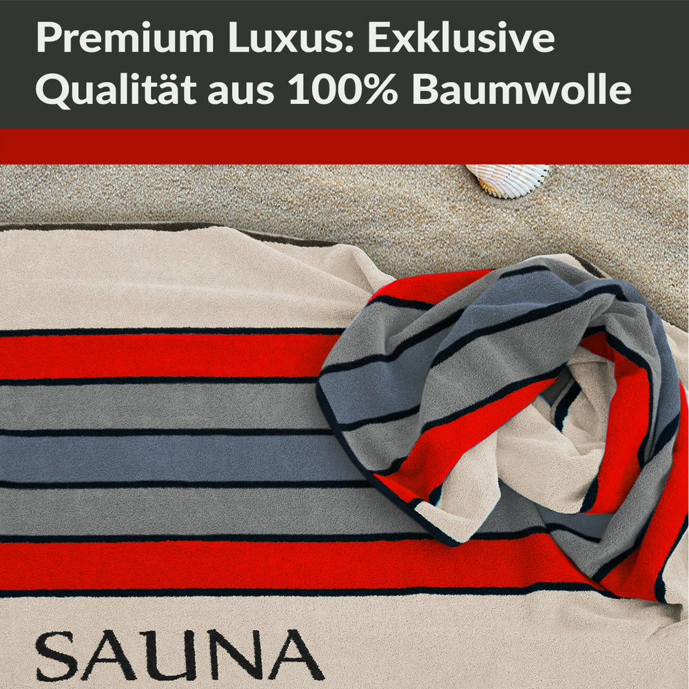 XL Premium Saunahandtuch 85x200 cm, Beige - Rot - Grau,